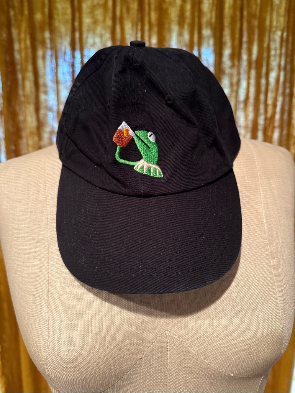 Black Dad Hat with Embroidered Kermit Sipping Tea